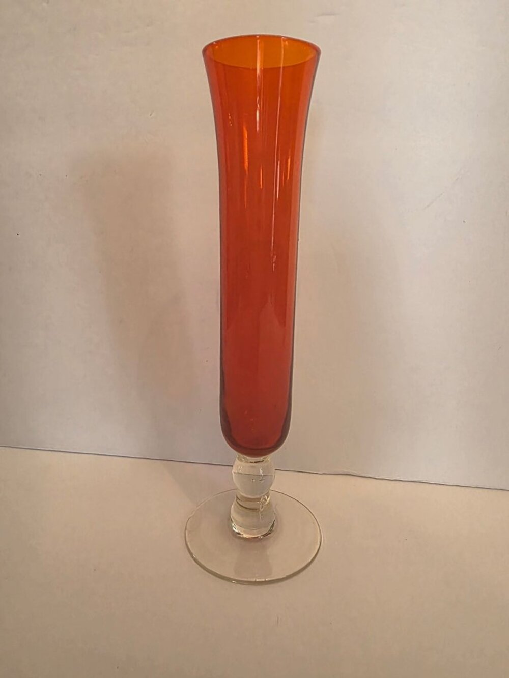 Vintage Orange Glass Bud Vase With Clear Pedestal Base 8.25" Tall